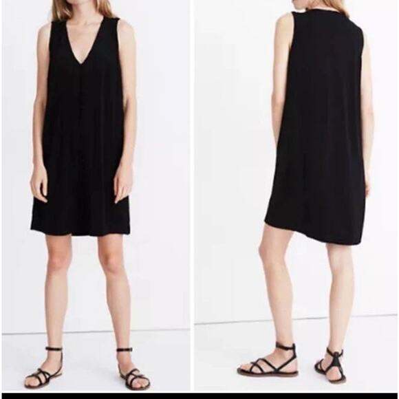 Madewell Black Button Front Tunic Shift Dress Women’s Large Sleeveless V-Neck - Picture 1 of 9